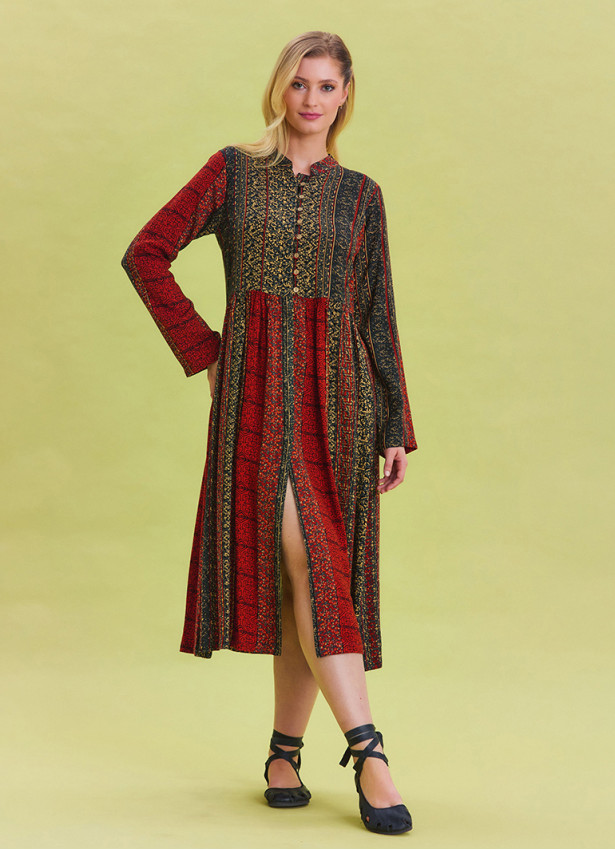 Patterned Crew Neck Button Detailed Brick Long Sleeve Dress 4445